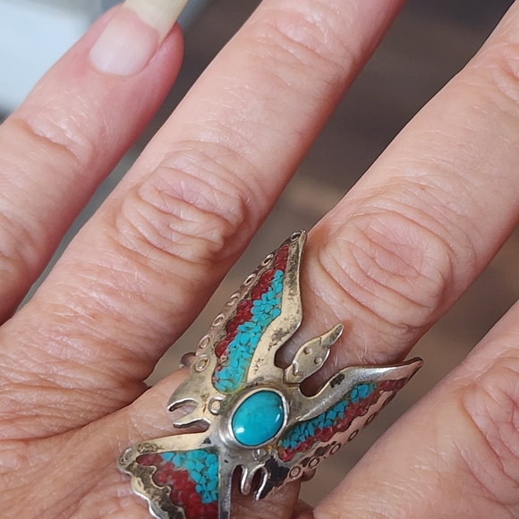 Sterling Silver Native American Turquoise Red Inlay Bird Ring Sz 8 Women Jewelry - Picture 4 of 7